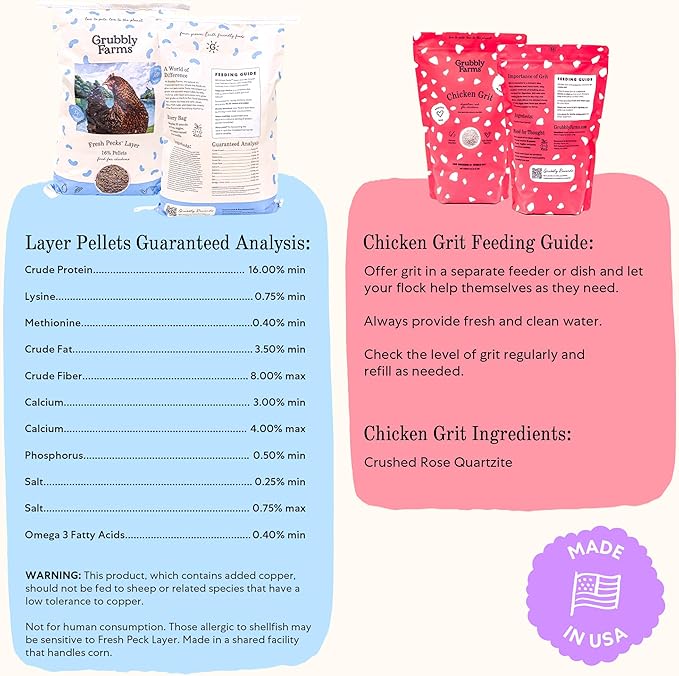 Grubbly Farms Adult Chicken Bundle - Chicken Grit, Fresh Pecks Layer Feed Pellets, Omega Mix & Grubblies - Complete Nutrition, Proper Digestion, Strong Eggshells & Natural Protein Treats