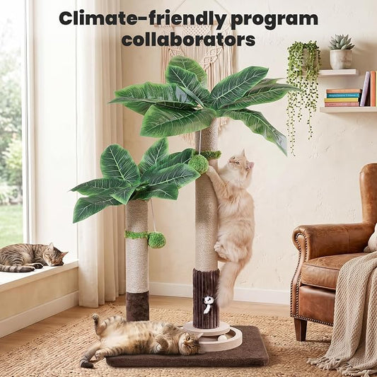 WOOCHPET Palm Tree Cat Scratching Post with Interactive Toys, Dual-Height Sisal Scratcher for Kittens, Adult & Large Indoor Cats