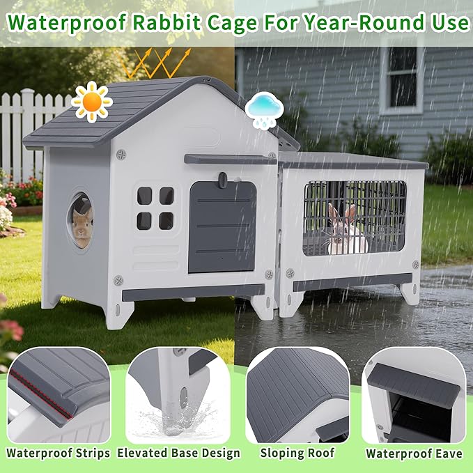 Rockever Plastic Rabbit Cage Outdoor Indoor, Waterproof Rabbit Hutch-Leak-Proof Pull-Out Tray&Chew-Proof, Bunny Cage Guinea Pig Cages with Run, Easy-Clean & Ideal for Small Animal(Grey)