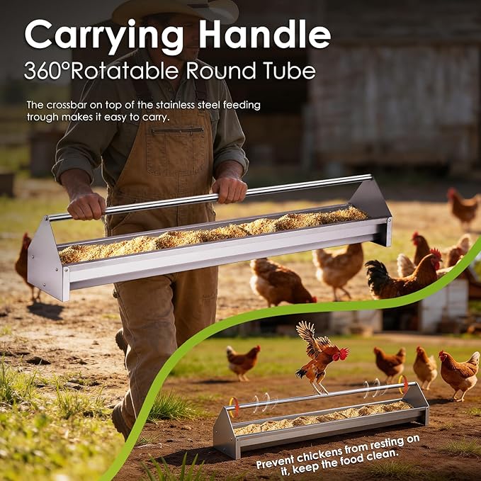 Chicken Feeding Trough 45" Stainless Steel Double Sided Poultry Chicken Feeder Trough Heavy Duty with Crossbar Large Capacity for Chicken Duck Goose Quail