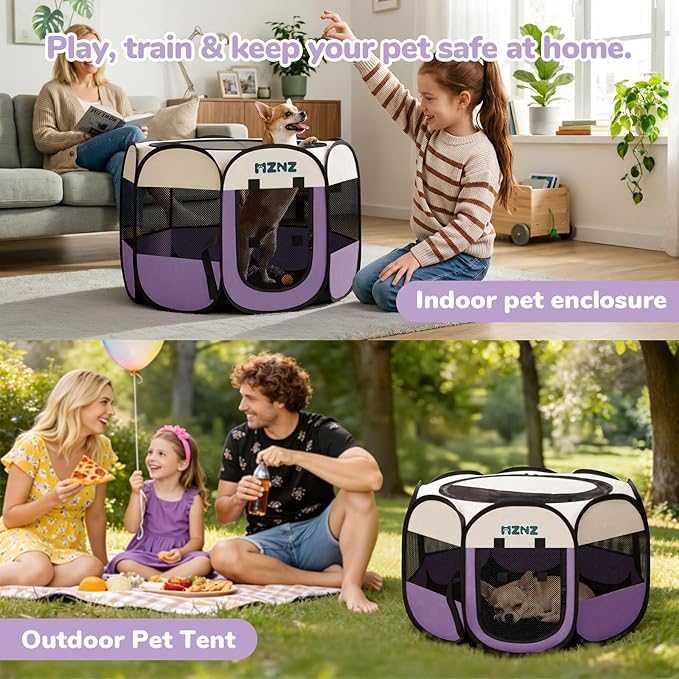 Dog Cat Playpen, Portable Small Animal Playpen Crate Indoor for Dogs Cats Rabbits, Foldable Guinea Pigs Bunny Cage Enclosure Outdoor, Pop Up Dogs Cats Tent Kennel with Carrying Case, Purple