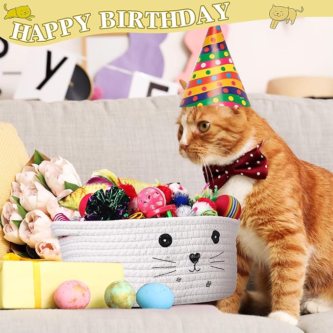 Zopeal 58 Pcs Mother’s Day Cat Storage Basket Gift Toys Set, Colorful Flashing Balls Pet Bell Crinkle Balls Spring Toys Attract Cat to Swat, Hunt, Interactive for Pet(White,9.8 Inch)