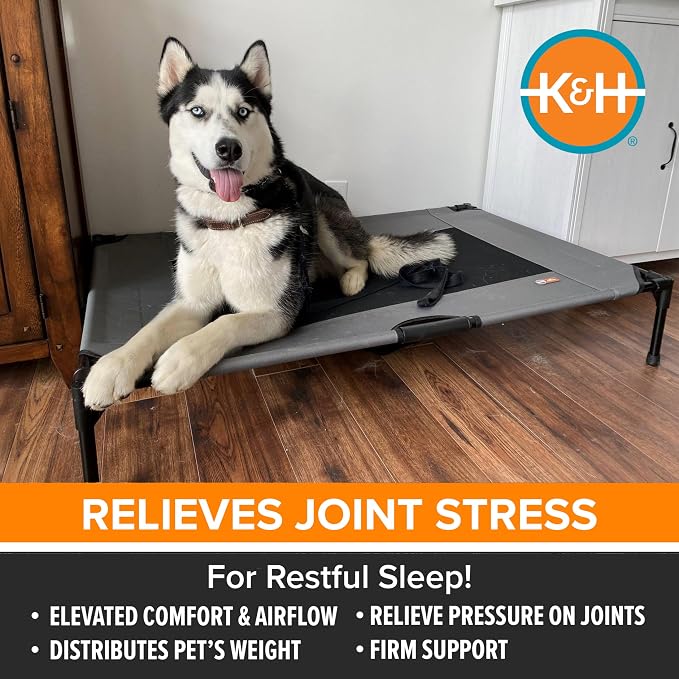 K&H Outdoor Elevated Dog Bed - Cooling Raised Dog Bed for Large & Extra-Large Pets, Breathable Mesh Center Hammock Design, Indoor/Outdoor Washable Cover, Portable Metal Frame, Gray, XL 50x32in