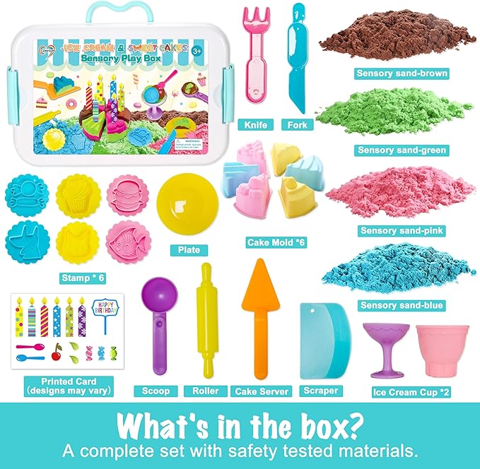 Carolart Sensory Bin,Ice Cream and Cakes Sensory Kit,Kids Play Sand Kit,Sandbox with Sensory Sand Girls and Boys,Sensory Toys for Kids 3 4 5 6 Year Old