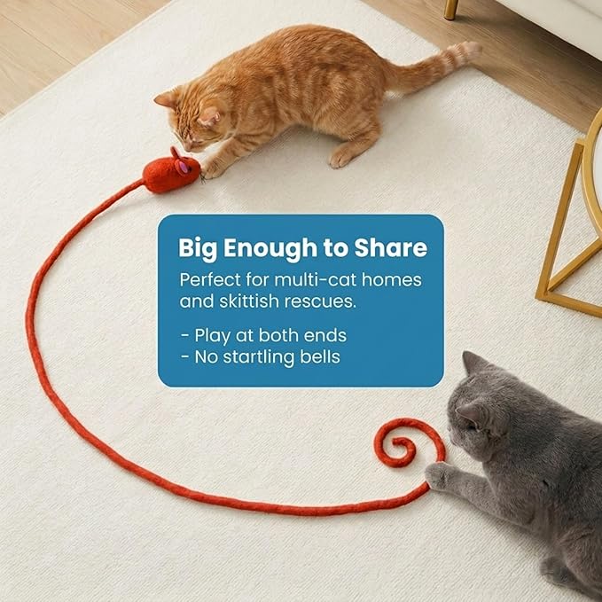 Glaciart One Felt Mouse Cat Toy – Soft Fuzzy Enrichment 100% Natural Wool - Interactive Catnip Play Cat Toy Set - Safe for Pets, Non-AZO Colored Dyes - 100” Long