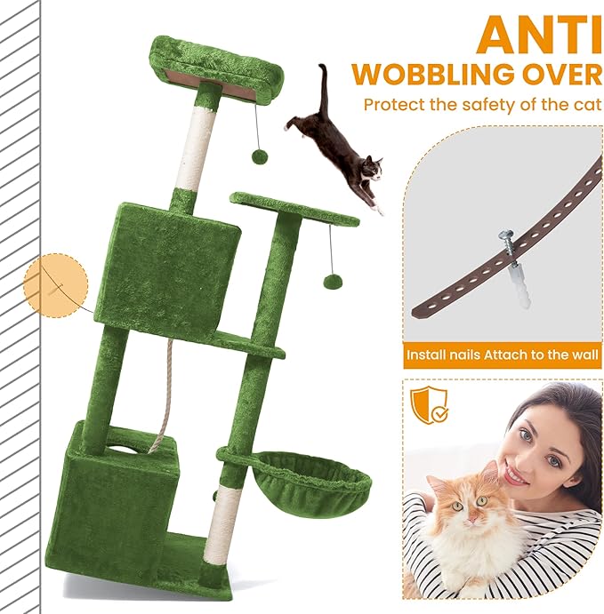 54-Inch Cat Tree Tower with 2 Caves & 2 Pompoms - Multi-Level Tower for Indoor Cats, Soft Plush Condo with Scratching Posts - Sturdy Base for Large Cats(Green)