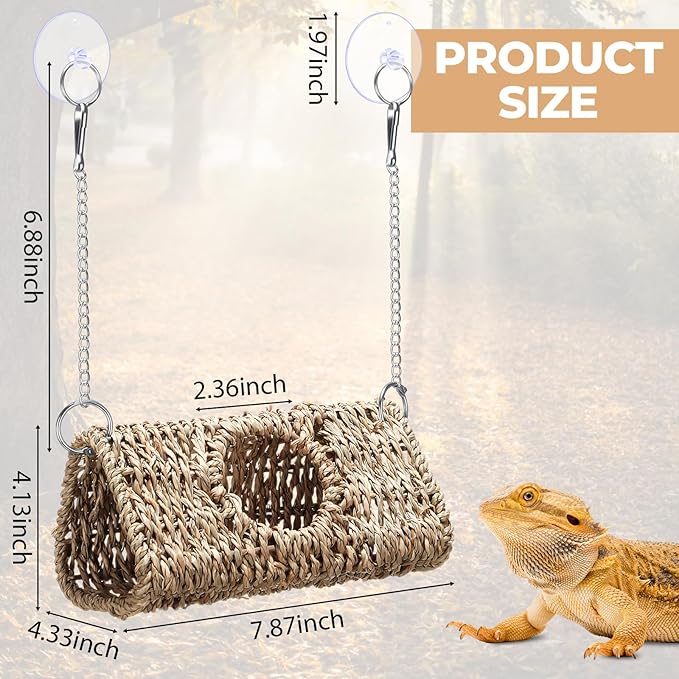 CroBlissful Reptile Hide Cave Hollow Cave Hideout with 2 Pcs Suction Cup and Chain Gecko Hide Reptile Tank Decor Seagrass Fiber Climbing Toy for Lizard Snake Hermit Crab(Triangle,Pale Yellow)