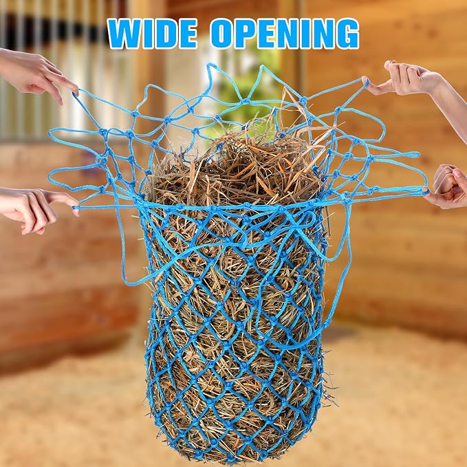 Nuenen 4 Pcs Hay Bags for Horses Goat 40 Inch Oxford Slow Feeder Hay Nets Bag for Horses Sheep Hanging Feeding Supplies Trailer Stable(Sky Blue)