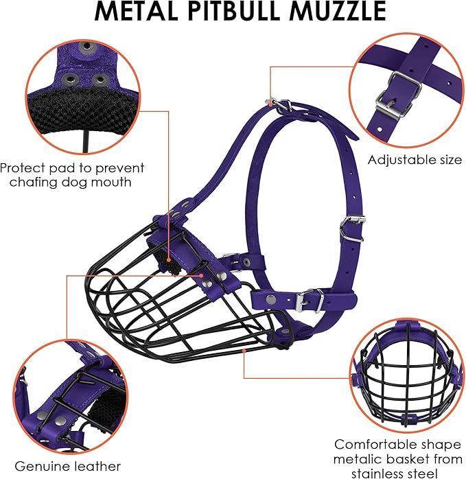 Pitbull Dog Muzzle Breathable Metal Basket for Large Dogs Amstaff Staffordshire Terrier Secure Wire Mask Adjustable Durable Leather Straps Biting Chewing Barking (Purple)
