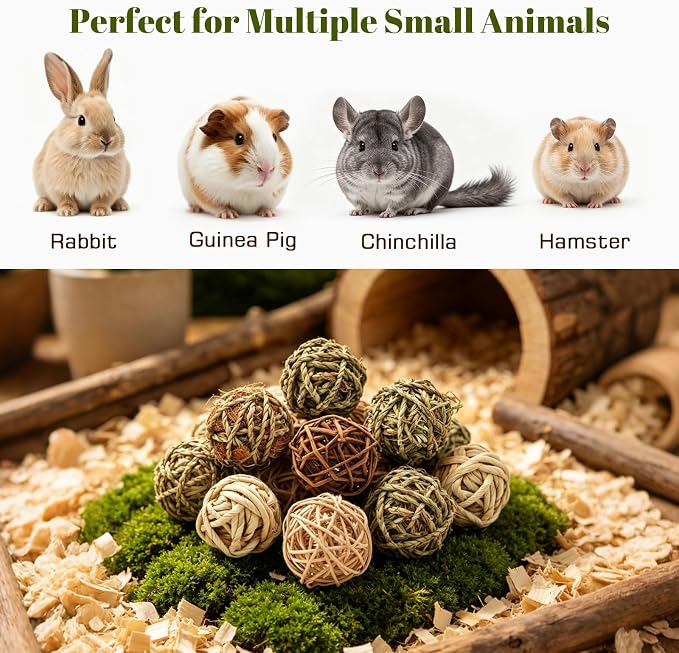 8 Pcs Bunny Chew Grass Balls, Hangable Natural Handmade Enrichment Toys for Teeth Grinding, Enrichment Treats for Rodents Rabbits Guinea Pigs Chinchillas Hamsters Mice, Rolling Chew Toys (2.4") (8pcs)
