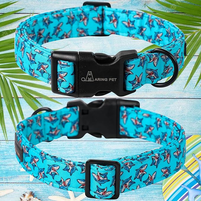 ARING PET Summer Dog Collar, Cute Blue Shark Pet Collars with Quick Release Buckle for Puppy Small Medium Large Boy Girl Dogs-L