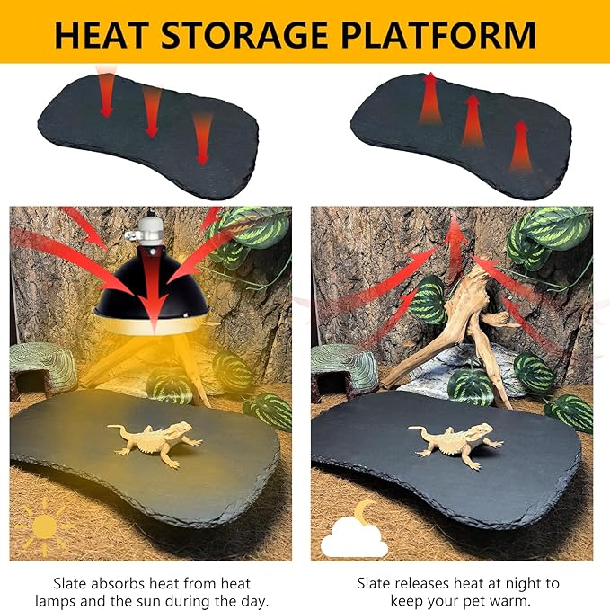 Reptile Basking Platform 15.0''x7.5'' Turtle Rock Plate Food Bowl Feeding Dish Tortoise Resting Bathing Slate for Lizard Gecko Bearded Dragon Chameleon Snake Frog