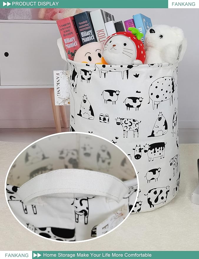 Storage Basket, Nursery Hamper Canvas Laundry Basket Foldable with Waterproof PE Coating Large Storage Baskets for Kids Boys and Girls, Office, Bedroom, Clothes,Toys（Cows）