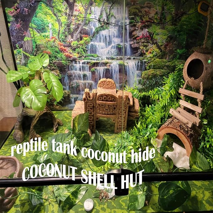 kathson Leopard Gecko Coconut Husk Hut Reptile Habitat Accessories Hideout Hole Climbing Ladder Bendable Hanging Plants Sleeping Hiding Breeding Apply to Amphibians and Small Animals