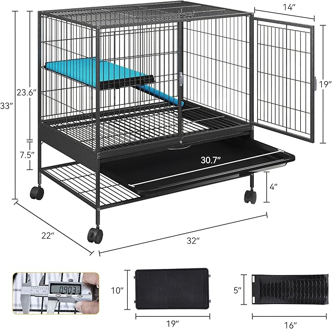 DWVO 2-Tiers Small Animal Cage with Wheels, Indoor Cage for Ferrets, Chinchillas, Guinea Pigs, Large Hamsters, Rabbits, Hedgehogs