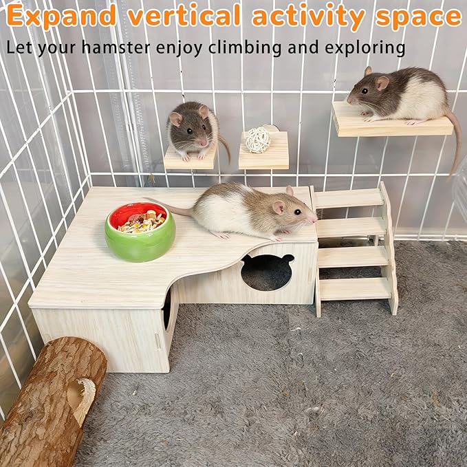 Hamster Hideout Multi-Chamber Hamster House Maze Tunnel Rat Cage Platform Stand Boards Habitats Decor Accessories for Gerbils Mice Lemmings (M)