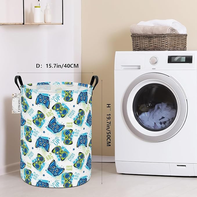 Storage Basket, Nursery Hamper Canvas Laundry Basket Foldable with Waterproof PE Coating Large Storage Baskets for Kids Boys and Girls, Office, Bedroom, Clothes,Toys(Game)