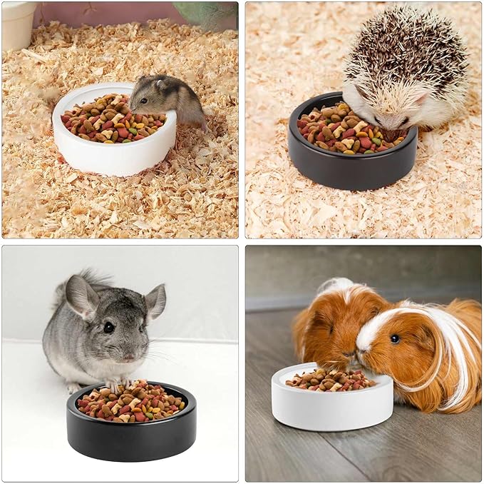 2 Pack Ceramic Bowls for Syrian Hamster & Hedgehog, 3.9" Diameter, Shallow Chew-Proof Dish, Non-Slip Base, Easy to Clean (White + Black)