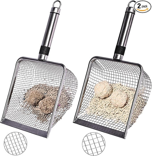2-Pack Stainless Steel Cat Litter Scoop, 3.8mm Fine Mesh & 5mm Metal Scooper, 5.5-Inch Wide Deep Shovel, Long Handle, Rustproof Cat Poop Scooper for Clumping Litter, Multi-Pet & Beach Sand