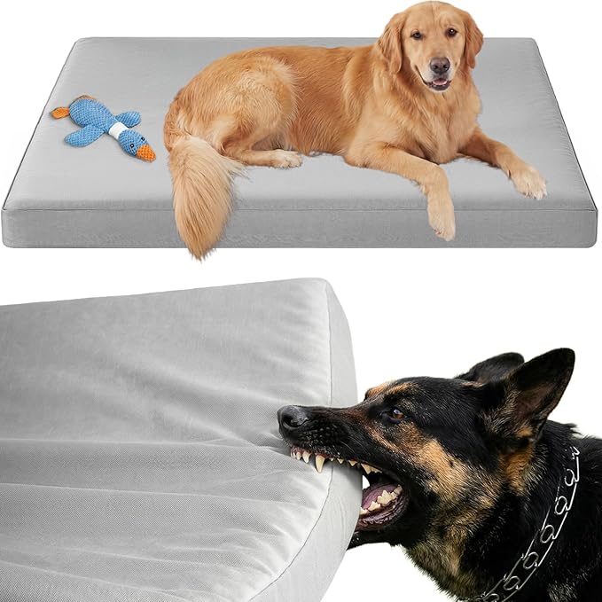 RRPETHOME 3" Chew Proof Indestructible Dog Bed for Large Aggressive Chewers,Durable Tough Fabir Chew Resistant Crate Dog beds for Large Dog & Puppy,Orthopedic Egg Foam Kennel Mat Pad Grey 55x42x4