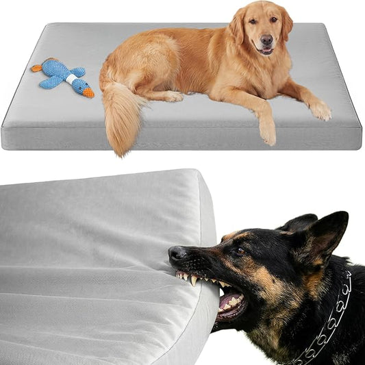 RRPETHOME 3" Chew Proof Indestructible Dog Bed for Large Aggressive Chewers,Durable Tough Fabir Chew Resistant Crate Dog beds for Large Dog & Puppy,Orthopedic Egg Foam Kennel Mat Pad Grey 55x42x4