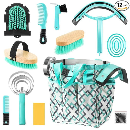 Abbylike 12 Piece Horse Grooming Kit with Organizer Tote Bag Brush Sets for Derby Day Show Horses Professional Tools for Care & Massage(Mint Green and Grey)