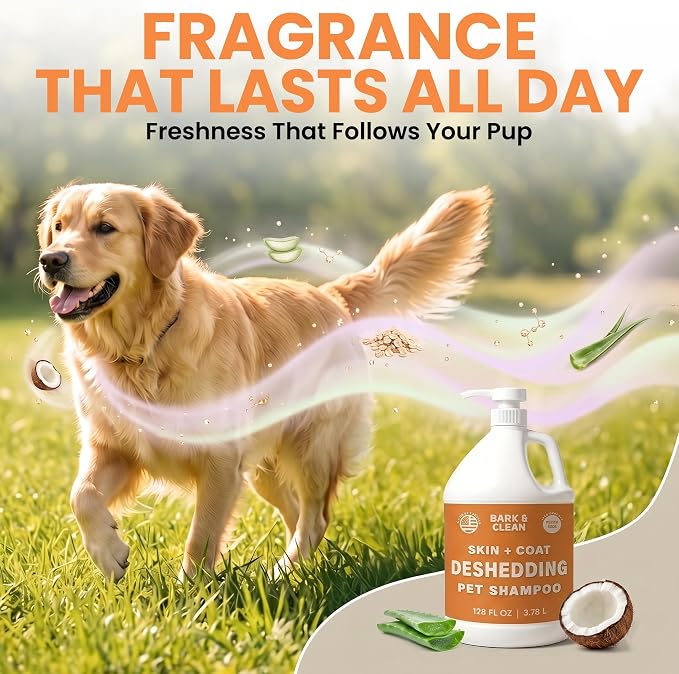 Deshedding Dog Shampoo, Gallon Sized - Skin and Coat Shedding Shampoo with Pump, 18:1 Dilution - Made with Baking Soda, Aloe, and Coconut for Buildup and Dander