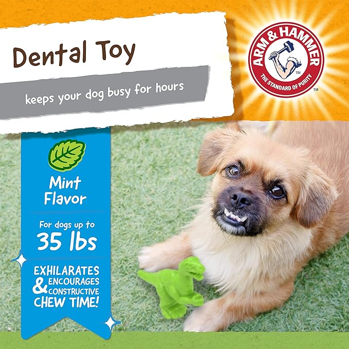 Arm & Hammer Nubbies Denta-Saurus T-Rex Dog Dental Chew Toy, Mint Flavor, for Moderate Chewers, Nylon, Reduces Plaque and Tartar Without Brushing, Baking Soda Infused