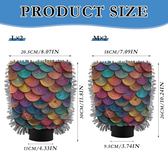 Car Wash Mitt Microfiber Wash Mitts for Car Washing Scratch-Free Cleaning Gloves Soft Non Absorbent Chenille Auto Hand Mitt Large 2Pack Vintage Rainbow-Colored Fish Scales