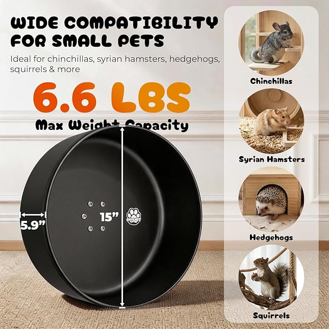 15" Silent Chinchilla Running Wheel, Aluminum Alloy Noiseless Exercise Wheel, Small Animal Running Wheel, Ultra Smooth Bearing, Large Comfort Wheel for Chinchilla, Hamster, Hedgehog & Small Pets