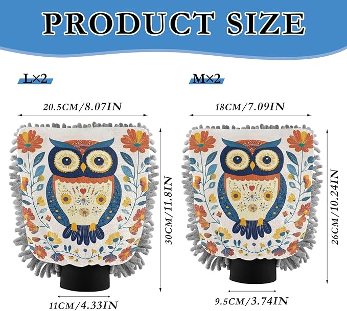 Car Wash Mitt Microfiber Wash Mitts for Car Washing Scratch-Free Cleaning Gloves Soft Non Absorbent Chenille Auto Hand Mitt Medium 2Pack Folk Owl