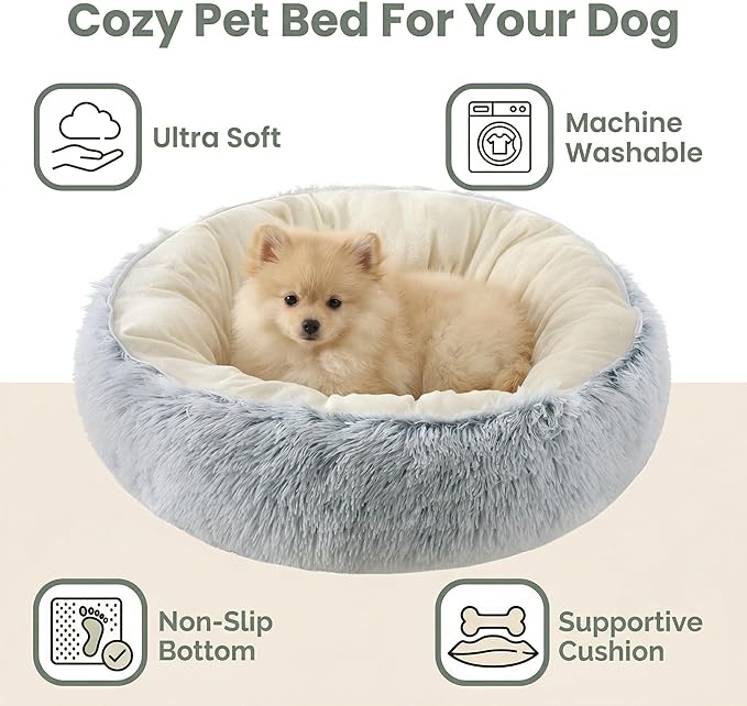 Calming Donut Dog Bed Cat Bed, Fluffy Long Fur Outer & Short Fur Inner, Sweat-Free Cozy Cuddler, Non-Slip Bottom,for Small Medium Dogs Cats Puppy Kitten (Donut Bed - Grey, Large Size 23.6 in)