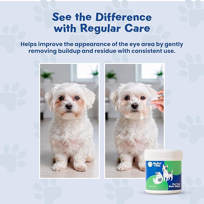 MyPet&Me Eye Wipes for Dogs, 120 Count – Tear Stain Remover & Fragrance-Free Dog Eye Wipes - Hypoallergenic Pet Eye Cleaning Wipes for Dirt & Discharge - Gentle Daily Eye Care for All Dogs and Cats