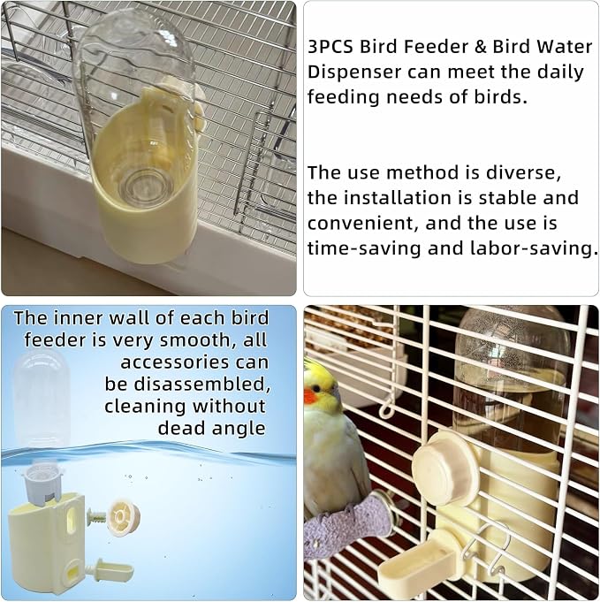 Bird Water Dispenser Automatic Bird Feeder for Cage Set, No Mess Parakeet Water Food Dispenser for Parrots Cockatiels Finches Budgies (3PCS, Yellow)