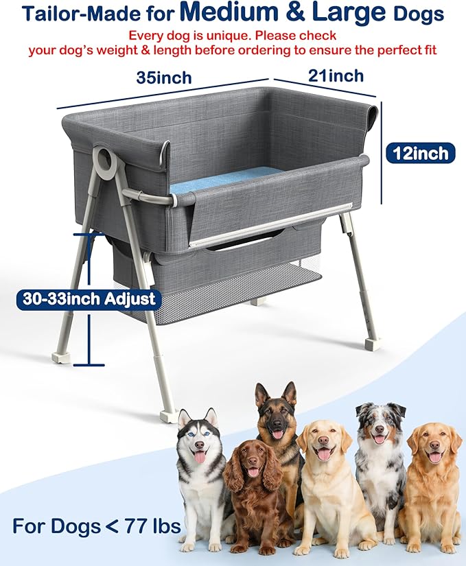 Bedside Dog Bed for Medium & Large Dogs, 4-Height Adjustable Pet Bassinet, Elevated Side-Sleeper Extension for High Human Bed, Washable Large Dog Couch with Auto-Braking Wheels(for Dogs Up to 77 lbs)
