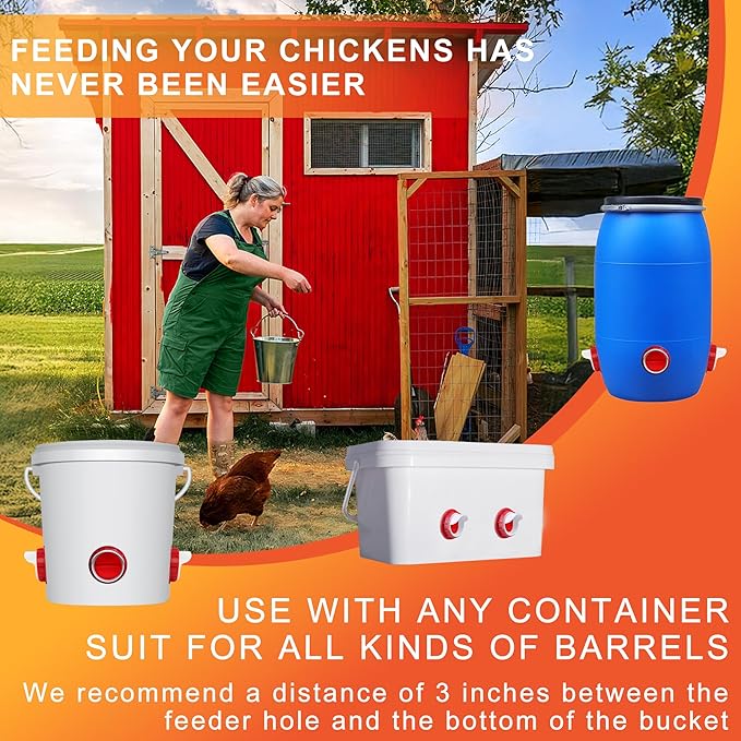 ZenxyHoC Chicken Feeders No Waste, DIY Automatic Poultry Feeder 4 Ports 1 Hole Saw with Covers Gravity Feed Kit for Buckets Barrels Bins Troughs