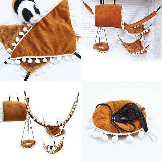 5 in 1 Ferret Rat Guinea Hammock and Warm Bed, Soft Cotton Guinea Pig Hideout Hammock Tunnel, Hanging Swing Cage Accessories for Hamster Sugar Glider Squirrel