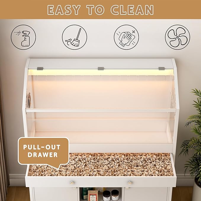 Hamster Cage with Storage Cabinet,43.3" Small Animal Cage with LED Lights and Fan, Easy View Acrylic Panel, Large Habitat for Guinea Pig, Hedgehog,Rat 43.3"x 15.7"x 43.3"