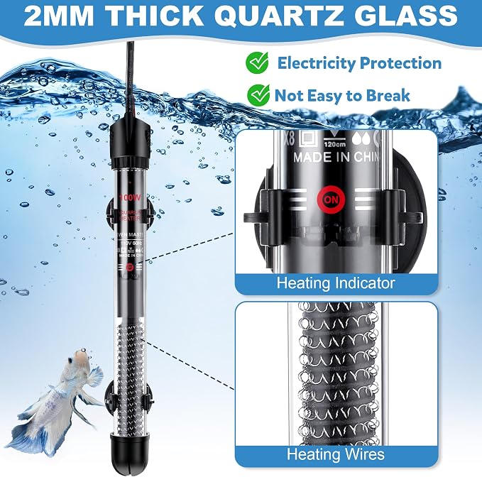 Dreyoo 2 Set 100W Submersible Aquarium Heater, Adjustable Aquarium Fish Tank Heater with 4 Thermometers Stickers and Suckers, Adjustable Knob Thermostat for Marine Saltwater and Freshwater