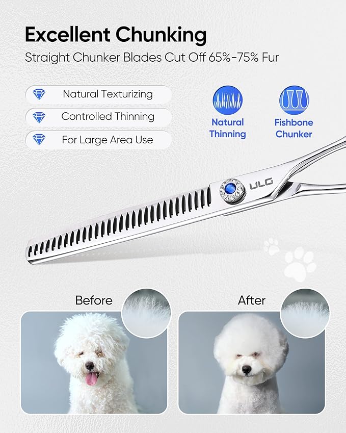 ULG Curved Dog Shears for Grooming, 7 Inch Professional Straight Chunker Dog Grooming Scissors for Trimming and Cutting, Japanese Stainless Steel Pet Hair Scissors, 65%-75% Thinning Rate