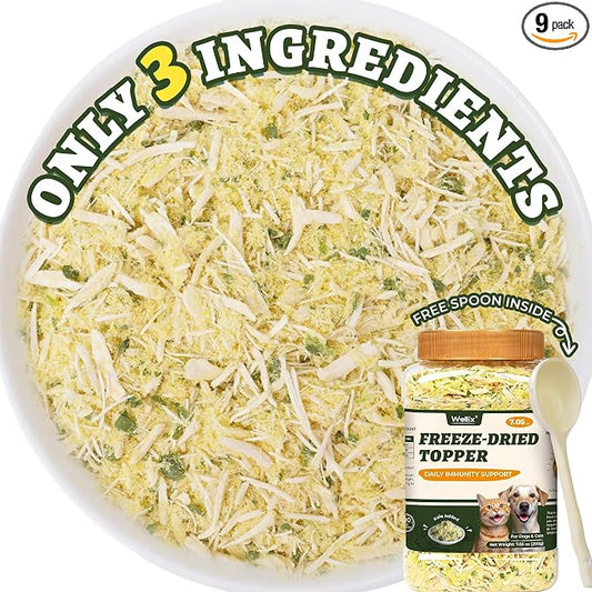 Wellix Freeze Dried Dog and Cat Food Toppers with Kale & Egg Yolk for Picky Pet - High Protein Low Calorie Dog Treats to Support Digestive & Skin Health - Healthy Cat Treats for Indoor Cats 7.05oz