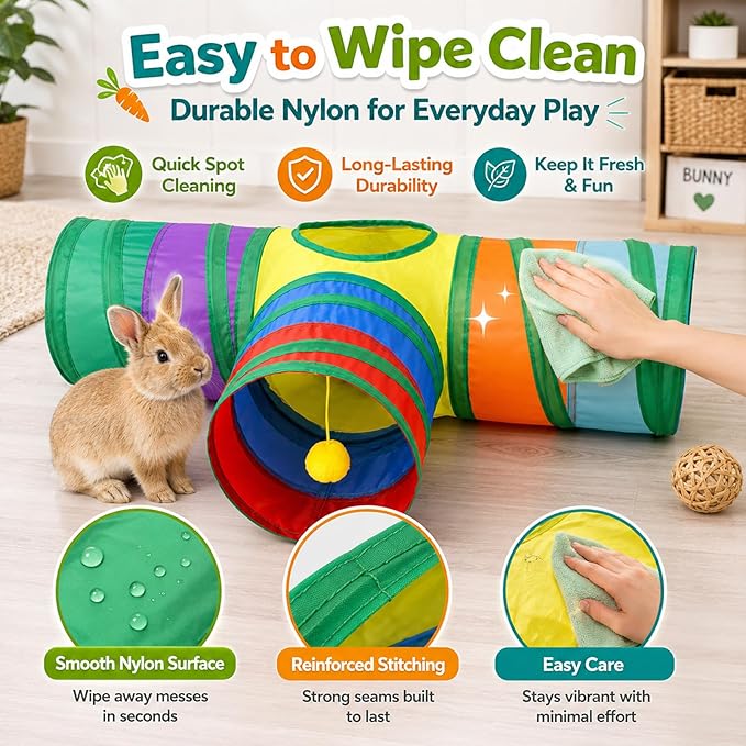 Mechpia Rabbit Toys, 3 Way Buuny Hideout Foldable Rabbit Tunnel and Tubes for Rabbit Guinea Pig Chinchilla Ferret Rat