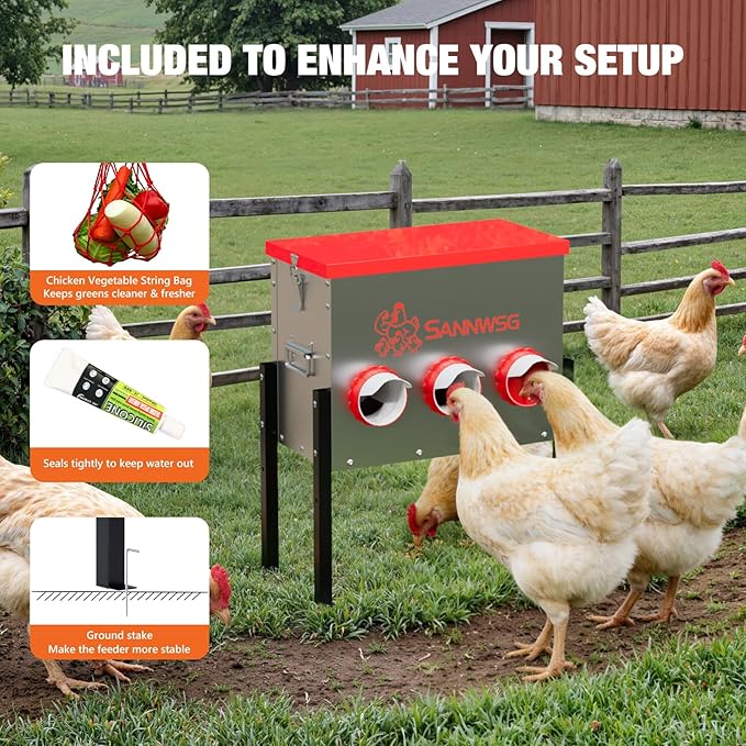Chicken Feeders,47 lb Capacity 6 Port Automatic Chicken Feeder, Metal Chick Feeder with Locking Lid and Legs, Chicken Feeder for Chickens, Ducks, Geese