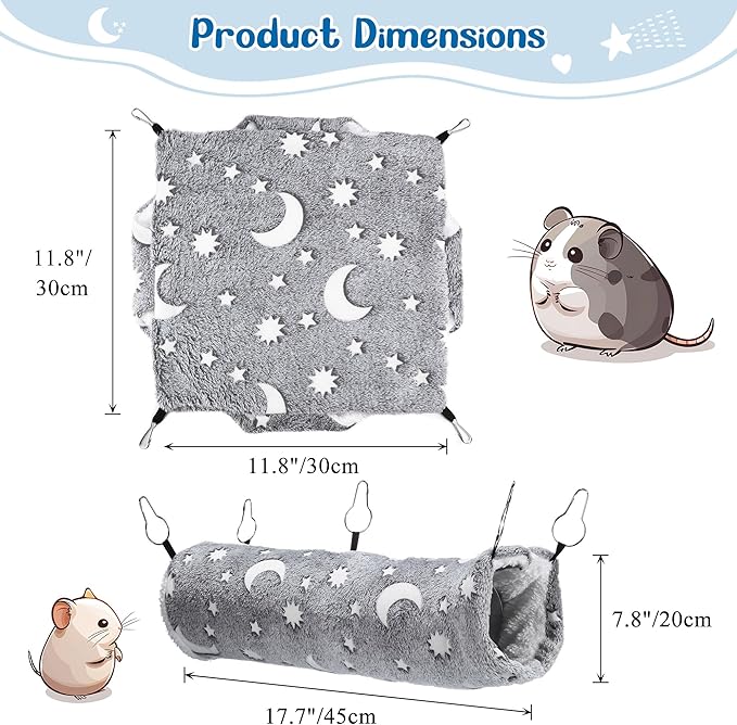 Mogoko Noctilucent Luminous Grey Guinea Pig Rat Hammock Bunkbed Hanging Tunnel and Soft Bed Mat for Ferret Hedgehog Squirrel Hideout Cage Accessories (Tunnel and Bunkbed Hammock)