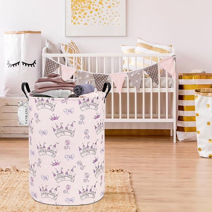 Storage Basket, Nursery Hamper Canvas Laundry Basket Foldable with Waterproof PE Coating Large Storage Baskets for Kids Boys and Girls, Office, Bedroom, Clothes,Toys(Princess Castle)
