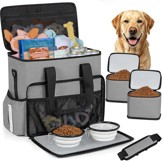 TORIBIO Dog Travel Bag,Large Pet Travel Bag for Supplies with 2 Food Container and Collapsible Bowls,Dog Travel Supplies Organizer Kit for Weekend,Road Trips,Camping