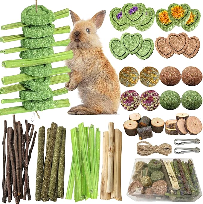 68pcs DIY Rabbit Chew Toys,Rabbit Toy for Bunnies Boredom Bunny Toys for Teeth, Timothy Stick, Apple Sticks, Sweet Bamboo, for Guinea Pig, Hamster, Chinchilla, Rat (19.04 Ounces (Pack of 1))