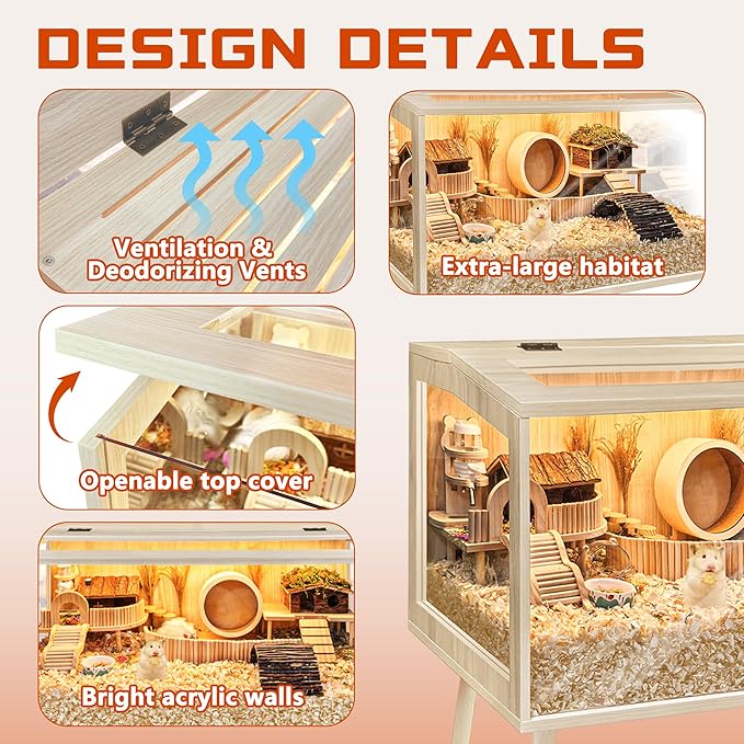 PROLEE Hamster Cage Wooden Chew Proof, Extra Large Mice and Rat Habitat Openable Top with Acrylic Sheets Solid Built Small Animal Cage with Leg Stands, 40 Inch Long