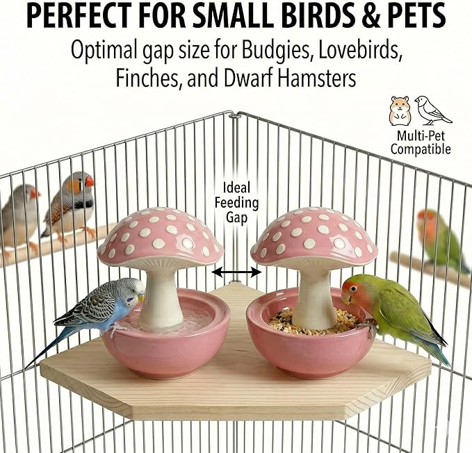 Ceramic Mushroom Bird Feeder No Mess, Spill Proof Bird Food and Water Bowl for Cage, Covered Dispenser for Parakeet, Budgie, Cockatiel, Lovebird, Hamster Accessories, 4.3" Tall