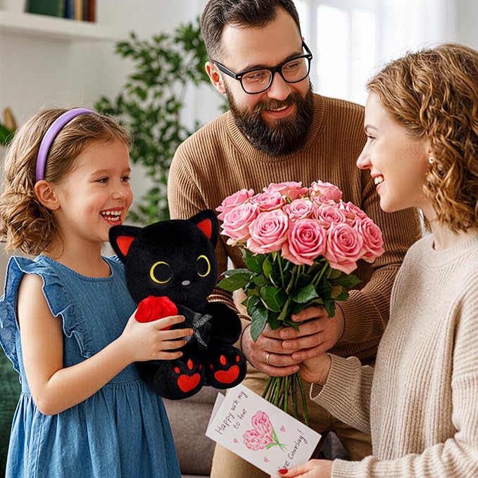 Black Cat Plush with Rose- 8" Kawaii Stuffed Cat Gifts for Women Cute Stuffed Animal for Kids & Adults, Mother Day Mom Birthday Wedding